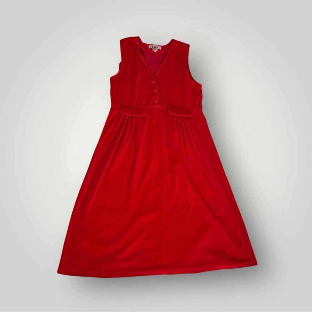 Vintage red velour dress, 90s/1990s, satin buttons on front, sleeveless